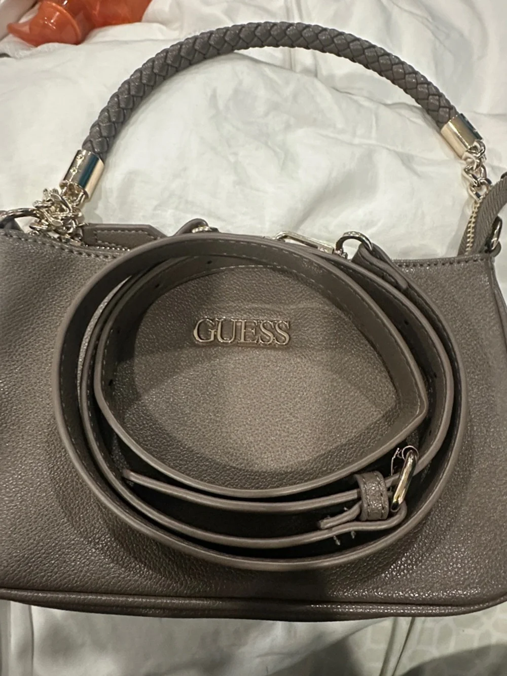 GUESS Taupe Braided-Handle Shoulder Bag with Gold Accents - Picture 2 of 2